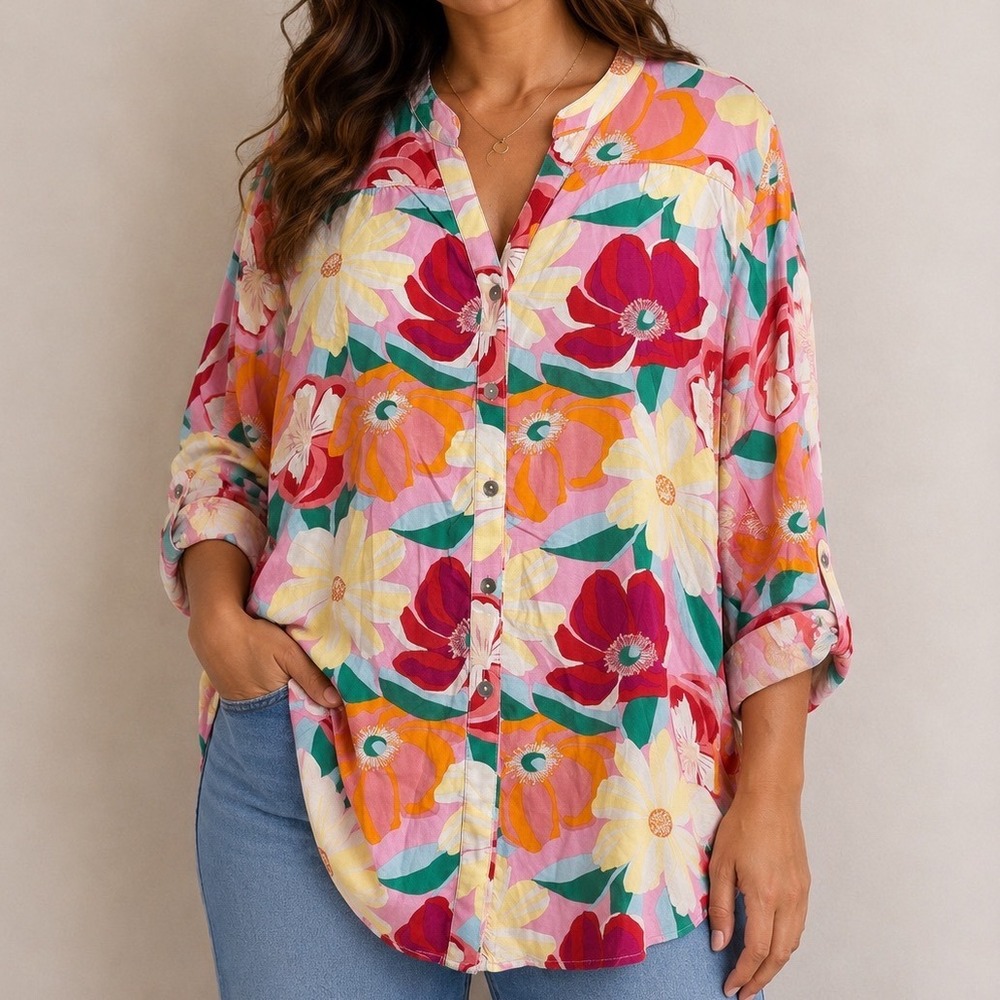 Hope Springs Floral Button Up Shirt Large Rayon Colorful Boho Dopamine Blouse